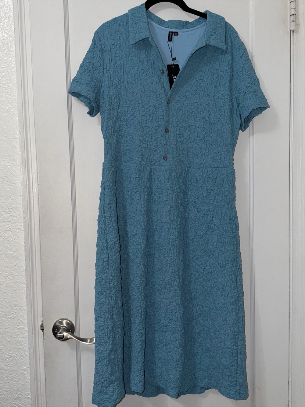 Light Blue Textured Collared Midi Dress With Sleeves- Button Front